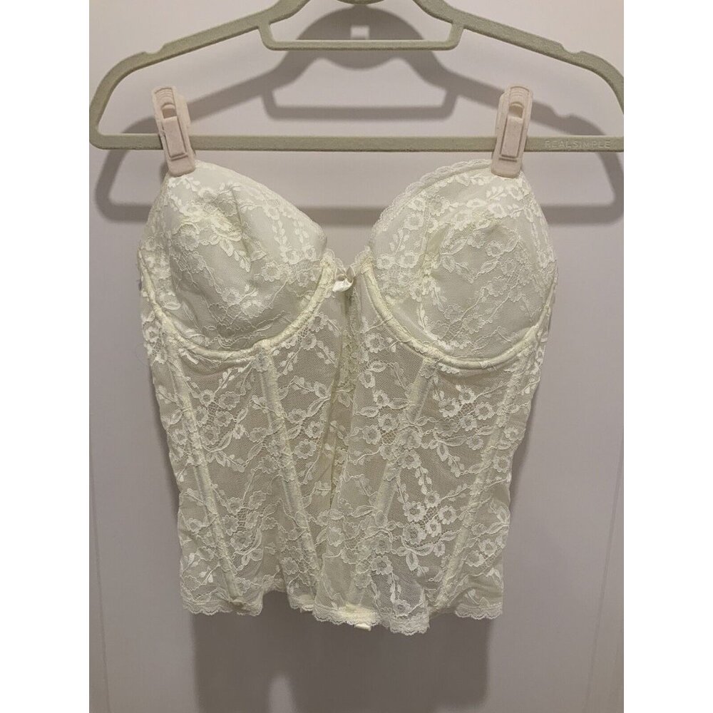 Va Bien Bustier 38D Lacy Strapless Low Back Low Plunge Lacy Cream 2 Extenders